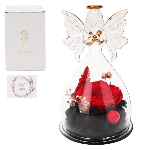 Yuragim Ewige Rose mit Engel Figur,Rosen Im Glas Engel-Ewige Geschenke für Mama,Handgefertigte Forever für Frauen,Geschenke zum Valentinstag Muttertag Jahrestag Weihnachten(Rot) von Yuragim