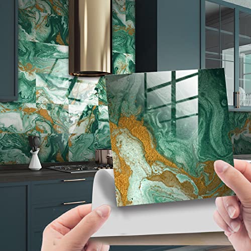 Fliesenaufkleber Smaragdgrüner Marmor Klebefliesen 3D Küchenrückwand Folie Wasserdicht Fliesenfolie Vinyl Selbstklebende Fliesen Aufkleber Fliesen für Bad Wohnzimmer und Küche Deko10Stück(10X10cm) von ZAHHYG