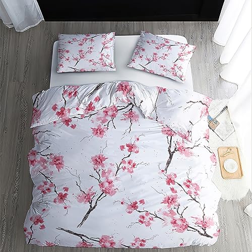 ZDABAOEC Bettwäsche Kirschblüten 200x220, Rosa Sakura Blumen Wendebettwäsche, 110gsm Microfaser Bettbezug Set 3 Teilig, Weich Kuschelig Bügelfrei, 2 Kopfkissenbezug 80x80, mit Reißverschluss von ZDABAOEC