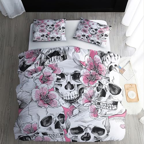 ZDABAOEC Bettwäsche Totenkopf 135x200, Blumen Schädel Wendebettwäsche, 110gsm Microfaser Bettbezug 2er Set, Weich Kuschelig Bügelfrei, 1 Kopfkissenbezug 80x80, mit Reißverschluss von ZDABAOEC