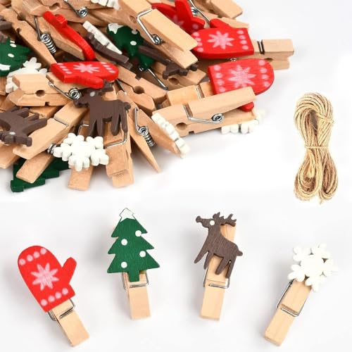 100 Stück Mini Holzklammern Weihnachten,Klammern Holz Weihnachten,Holzklammern Klein Weihnachten,Deko Klammern Mini Weihnachten,Klammern für Adventskalender,Wäscheklammern aus Holz von ZDQC