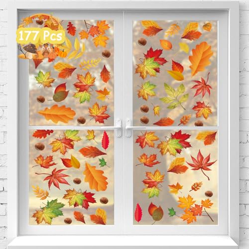 177 Stück Herbst Fensterbilder, 9 Blätter Thanksgiving Fensteraufkleber,Erntedankfest Fensteraufkleber,Fensterbilder Kinder Herbst,Fenster Aufkleber Herbst,Fensterbilder Herbst Wiederverwendbar von ZDQC