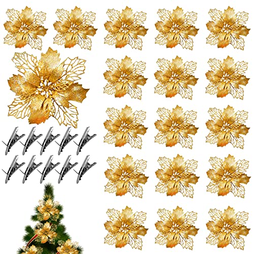 ZDQC 20 Stück Weihnachtsblumen Deko,Weihnachtsdekoration Blumen,Weihnachtsblumen Picks Glitzer,Blumen Weihnachtsbaum,Weihnachtsblumen Künstlich,Christmas Poinsettia Decorations (Gold) von ZDQC