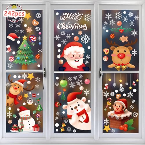 9 Blatt Weihnachten Fenstersticker,242 Stück Weihnachts Aufkleber Fenster,Schneeflocke Aufkleber,Fensteraufkleber Weihnachten Wiederverwendbar von ZDQC