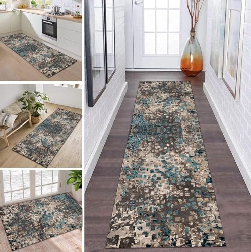 Teppich Läufer Flur Küche rutschfest waschbar Teppichläufer Lang Braun Grün Boho 70X120CM Modern Design Meterware Korridor Tepiche Esszimmer Schlafzimmer Wohnzimmer Schmutzfangmatte Küchenteppich von ZDYHMrj