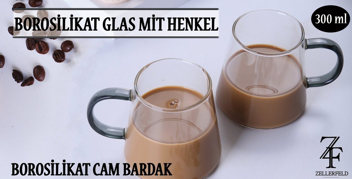 ZELLERFELD Teeglas 2er Set Borosilikat Glas mit Henkel 300 ml für Kaffee & Tee, Borosilikat Glas von ZELLERFELD