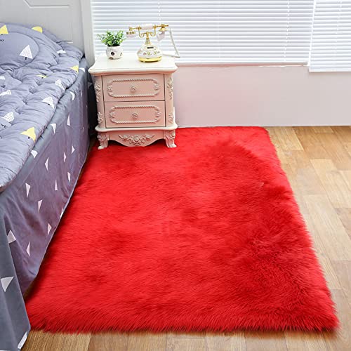 ZFHTAO Faux Schaffell Teppich Lammfell Weichem Kunstfell Dekofell Lammfellimitat Teppich Longhair Fell Optik Gemütliches Bequeme Zone Teppich Verschiedene Größen - Rot 60x120cm von ZFHTAO