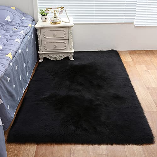 ZFHTAO Flauschig Schaffell ist Super Weich Teppich Lange Fell Flauschig Weiche Schaffell Lammfellimitat Bodenmatte Als Bettvorleger oder Matte Verschiedene Größen - Schwarz 70x140cm von ZFHTAO