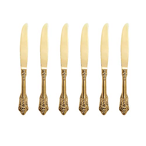 Golden Besteck-Set Barock, Antik Look, aus 18/10 Edelstahl Spiegelpolierte, ideal für Haus, Küche, Restaurant, Hochzeit, Partys, Nachmittagstee, Tafelmesser 6-teiliges, Länge 24.2cm von ZFQ