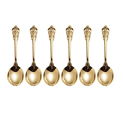 Golden Besteck-Set Barock, Antik Look, aus 18/10 Edelstahl Spiegelpolierte, ideal für Haus, Küche, Restaurant, Hochzeit, Partys, Nachmittagstee, Suppenlöffel 6-teiliges, Rund, Länge 18cm von ZFQ