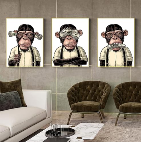 3er Set Poster Hochlandkuh Badezimmer Poster,Bilder von Geld Orang Utans und Affen,Tier Schwarz Weiß Wand Kunst Drucke,Rahmenlos (Poster-04,3Pcs-30x40cm) von ZFTCN