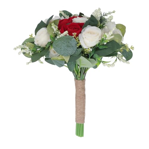 ZHDOKA 10,6 Zoll Hochzeitsstrauß für Braut und Brautjungfer, Künstlicher Rosenblumenstrauß, Romantischer Brauthandstrauß, Gefälschter Rosenstrauß für Feier, Zeremonie, Jubiläumsfeier(Rot) von ZHDOKA