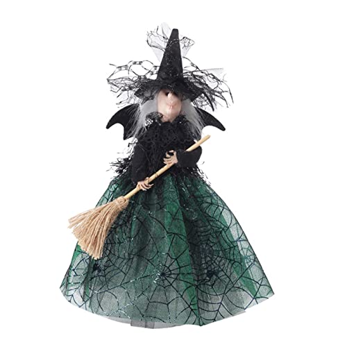 ZHDOKA 11 Zoll Halloween-Hexe-Baumspitze, Herbsternte, Geisterlose Hexenpuppe, Pailletten-Gaze, Hexenform, Baumkrone für Weihnachtsbaum, Urlaub, Party, Drinnen und Draußen,(Grün) von ZHDOKA