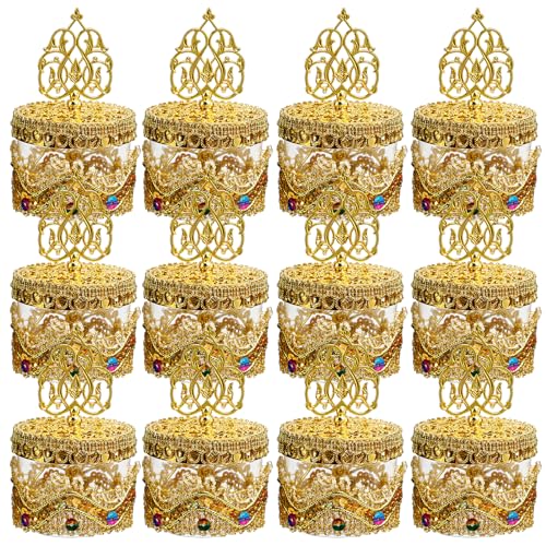 ZHDOKA 12 Stück Hochzeitsbevorzugungsboxen, Goldene Kunststoff-Geschenkboxen, Dekorative Leckerli-Box, Ausgehöhlte Süßigkeitenboxen für Süßigkeiten, Mini-Cupcakes, Schokolade, Vintage-Aufbewahrungsbox von ZHDOKA