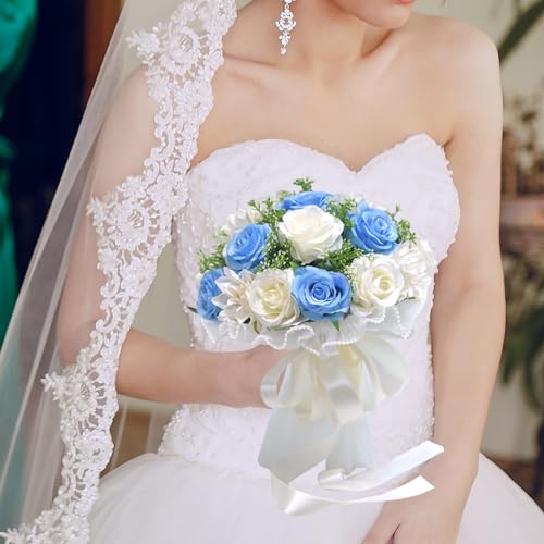 ZHDOKA 9-Zoll-Hochzeitsbrautstrauß, Künstlicher Rosenblumenstrauß, Künstlicher Hochzeitsbrautjungfernstrauß mit Bandgriff, Handgefertigter Romantischer Hochzeitsstrauß mit Blumen(Blau+Weiß) von ZHDOKA