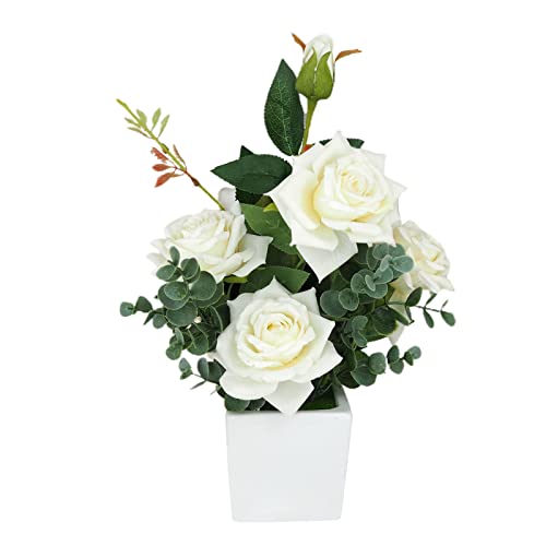 ZHDOKA Künstliche Rosenblumen Im Topf, 25,4 Cm Hohe Seidenrosen-Arrangements Im Keramiktopf, Künstliche Rosen-Bonsai-Pflanze für Haus, Büro, Restaurant, Tischdekoration,(Weiß) von ZHDOKA