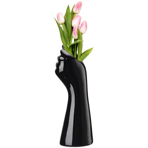 ZHDOKA Schwarze Keramik-Handvase, Nordische Blumenarrangement-Vase, Einzigartige ästhetische Skulptur, Kunst-Pflanzgefäß für Fensterbank, Büro, Tischdekoration(Schwarz) von ZHDOKA