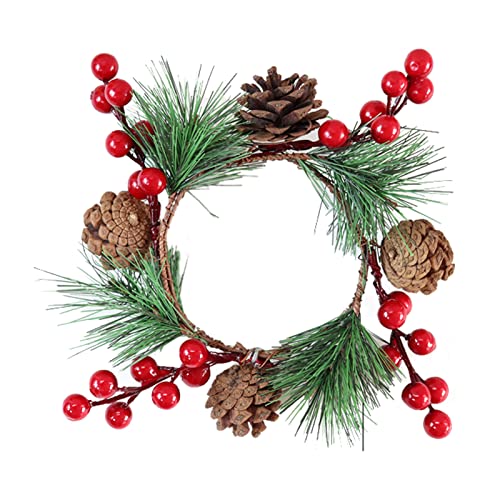 ZHDOKA Weihnachts-Kerzenring mit Tannenzapfen, 8,9 cm, Rote Beeren, Kerzenkranz, Mini-Fensterkranz, Weihnachtskerzenhalter-Ring mit Tannennadelblättern für Weihnachtsfeiertage,(Mehrfarbig) von ZHDOKA