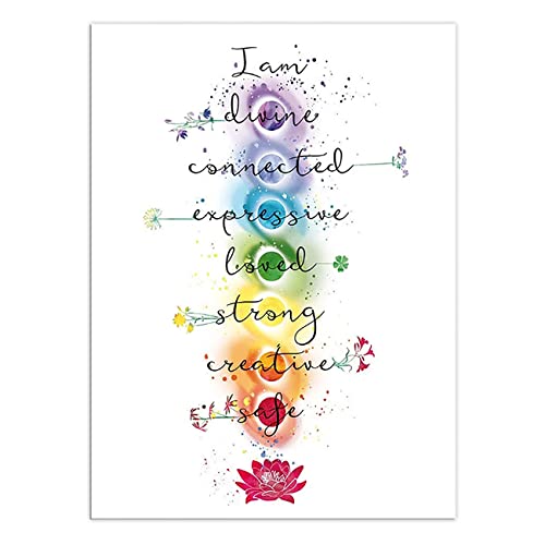 ZHONGYUTONG 7 Chakra Zitate auf Leinwand Kunstdruck Yoga Zen Wandposter Lotus Blume Gemälde Spirituelles Bild für Büro Badezimmer Wanddekoration (60x90cm Kein Rahmen) von ZHONGYUTONG