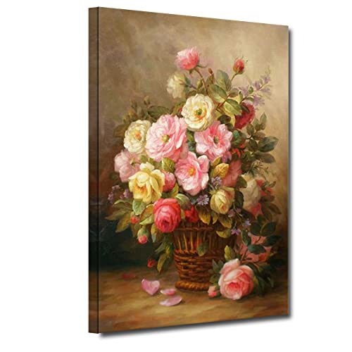 ZHONGYUTONG Klassische Rosen Blumenkorb Bilder auf Leinwand Blumen Gemälde Kunstdruck für Wohnzimmer Heimdekoration (40x60cm, Gerahmt) von ZHONGYUTONG