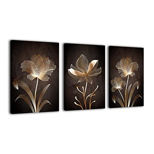 ZHONGYUTONG Leinwand Kunstdruck Gerahmt 3-teilig Elegante Braune Blumen Gemälde Zeitgenössische Blumenbilder für Schlafzimmer Badezimmer Wohnzimmer Wanddekoration (30x40cmx3 Stück) von ZHONGYUTONG