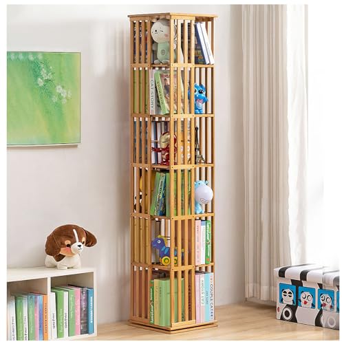 6-stöckiges Bücherregal aus Holz, Eckregal, hohes Bücherregal, modernes Regal mit offenem Design, 360-Grad-Anzeige, drehbares Bücherregal, Bambus-Bücherregal, Organizer für Schlafzimmer, Wohnzimmer, von ZHOUYING