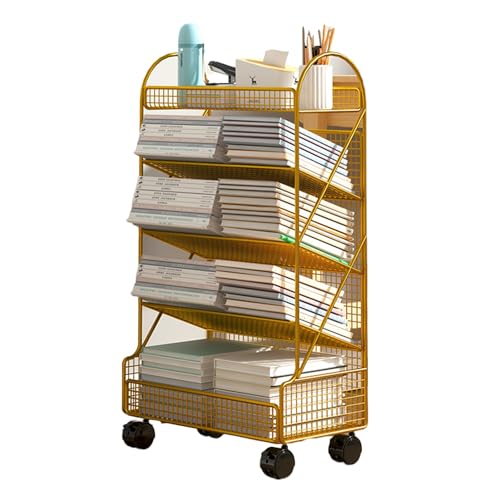 Mobiler Bücherregalwagen, rollender Bücherregalwagen, Büropapier-Organizer, doppelseitiger Aufbewahrungs-Eckregal, Zeitschriftenständer für Enge Räume (Farbe: Gold, Größe: 42 x 23 x 65 cm) von ZJDYDY