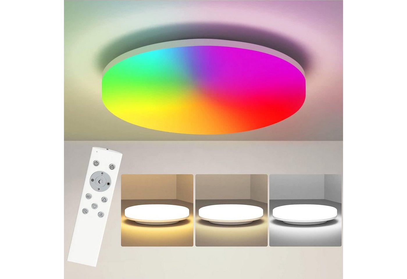 ZMH LED Deckenleuchte 24W 2200LM 2700K Warmweiß Deckenlampe IP54 Panel Badezimmer, LED fest integriert, IP54 Wasserfest, Rund Badlampe, Ø275mm, RGB+CCT von ZMH