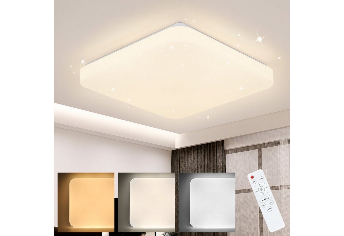 ZMH LED Deckenleuchte 37W Sternenhimmel Schlafzimmerlampe mit Fernbedienung, LED fest integriert, 3000-6000k, Sternenhimmel-Design, Farbwiedergabeindex > 80, Dimmbar von ZMH