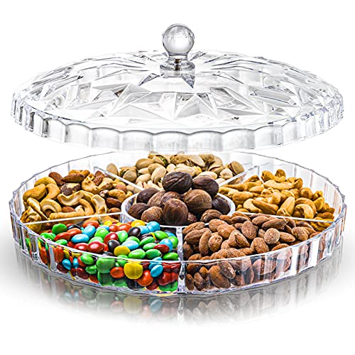 ZOOFOX Snack-Serviertablett, 30.5 cm Vorspeisen-Tablett mit Deckel, 6 Fächer, rund, Kunststoff, Lebensmittelaufbewahrung, Süßigkeiten, süße Kekse und Früchte (transparent) von ZOOFOX