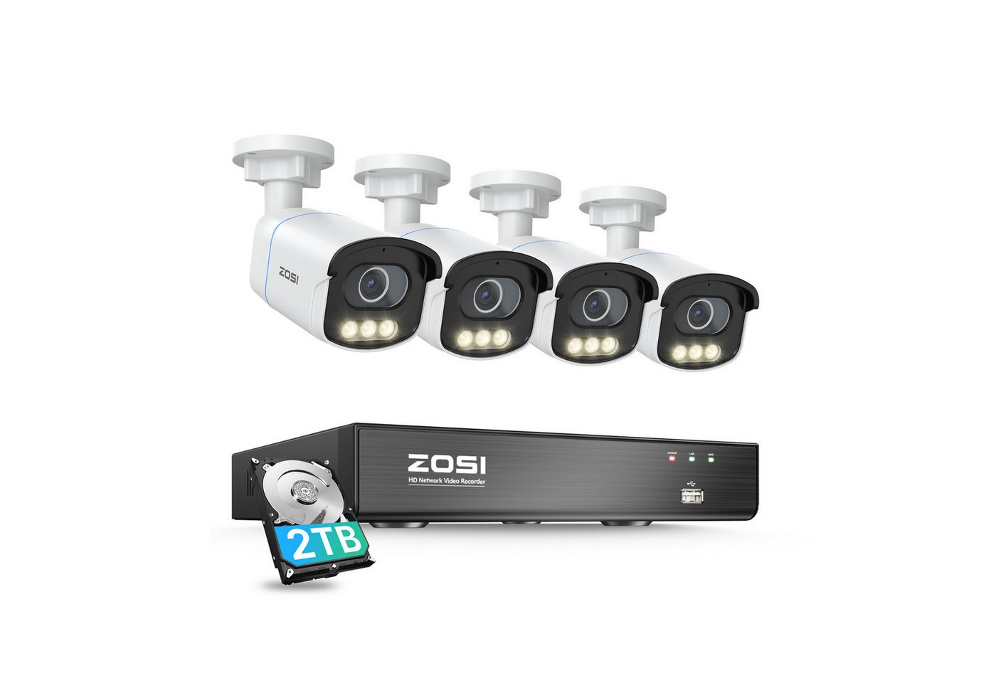 ZOSI C186A, IP66 wasserdicht, 2880*1620(5MP), Ununterbrochene 24/7-Aufnahme Überwachungskamera (Innenbereich, Außenbereich, 4-tlg., 3 Helligkeitsmodi, Lokale Erkennung, 4500K, 420LM) von ZOSI
