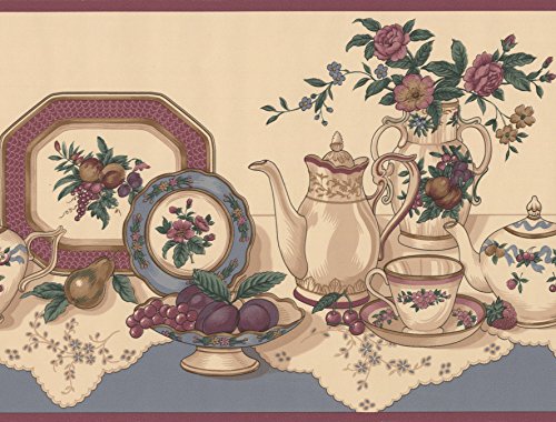 Tisch mit Tee Party Set Früchte Küche beige breit Tapete Bordüre Retro Design, Rolle 15 'x 22,9 cm von CONCORD WALLCOVERINGS ™