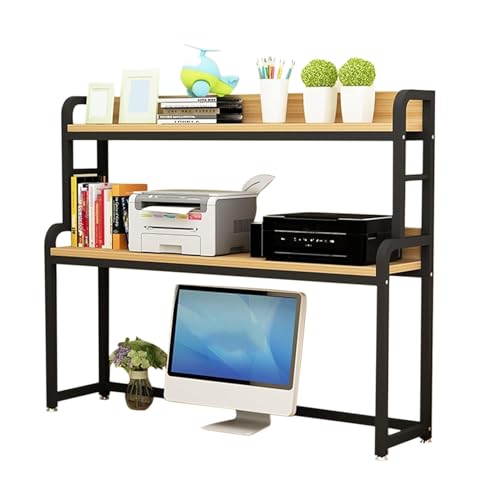 Bücherregal, 2-Lagiges Bücherregal, Stabiles, Tragendes Schreibtisch-Aufbewahrungsregal, Geeignet für Schlafsaal, Büro, Zuhause, Schreibtischaufbewahrung, Offenes Regal(Light walnut black,96x30x107cm) von ZPRYZHD