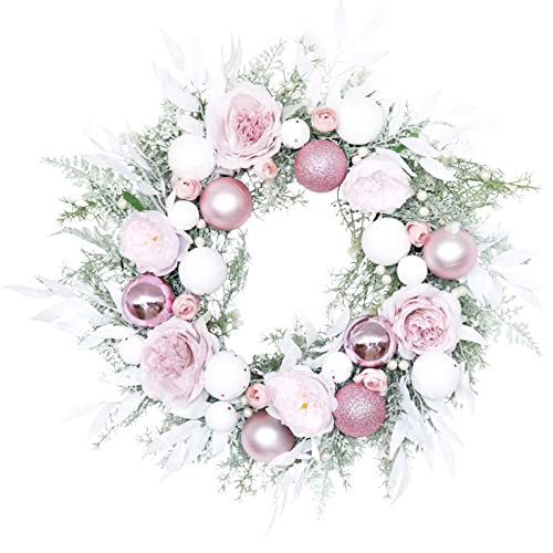 ZXCFTG Künstlicher Weihnachtskranz, 54,9 cm, rosa Fichte, Weihnachtskranz mit Dekorationskugeln, Blumenkranz für Türen, Fenster, Wände, Kamine von ZXCFTG