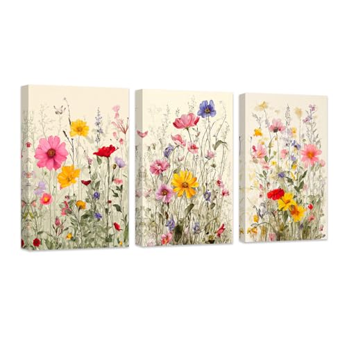 ZXHYWYM Blumenbilder Set mit 3 Aquarell Wildblumengemälden bunte Blumen Wanddekoration botanische Leinwanddrucke für Mädchenzimmerdekoration mit Rahmen (B (40x60cmx3)) von ZXHYWYM