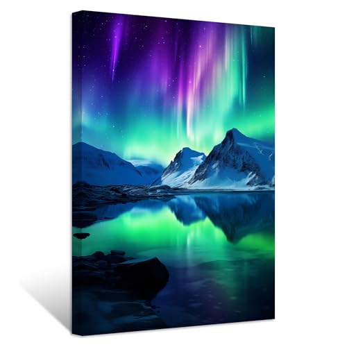 ZXHYWYM Nordlichter Bilder Aurora Borealis Gemälde Wald Berg Leinwanddrucke Natur Landschaft Wohnkultur Gerahmt (Bild-1, (40.00 x 60.00 cms)) von ZXHYWYM