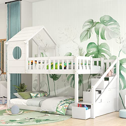 ZYLOYAL10 Baumhaus Kinderbett, Ins und aus dem Bett kommen, Doppelbett, Kinderbett in Hausform, Leiterschrank, Kiefernholz Haus Bett for Kids, 90 x 200 cm, ohne Matratze, Weiß von ZYLOYAL10