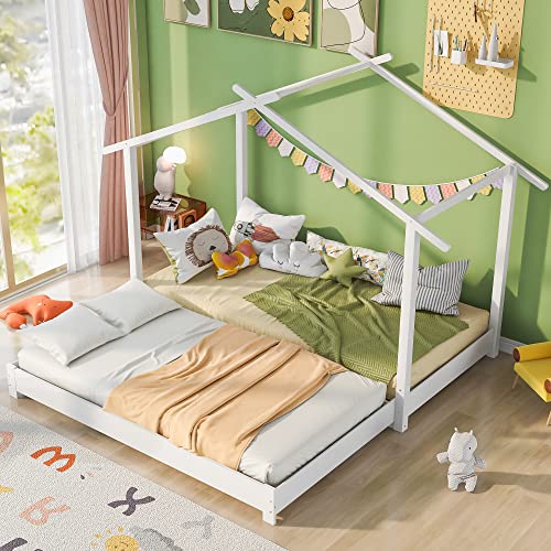 ZYLOYAL10 Hausbett 90/180 x 190cm Holz Kinderbett für Jungen & Mädchen Massivholz Kinder Bett umbaubar Bodenbett mit Lattenrost (Weiß) von ZYLOYAL10