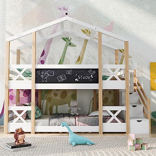 ZYLOYAL10 Kinderbett Baumhaus mit Speicherung und Rausfallschutz 90 x 200 cm, Hochbett für Kinder– 2X Lattenrost (Natur & Weiß) von ZYLOYAL10