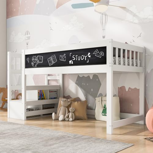 ZYLOYAL10 Kinderbett Hochbett mit Whiteboard&Tafel,Speicherung und Rausfallschutz 90 x 200 cm, Weiss Hochbett für Kinder– Lattenrost- Weiß von ZYLOYAL10