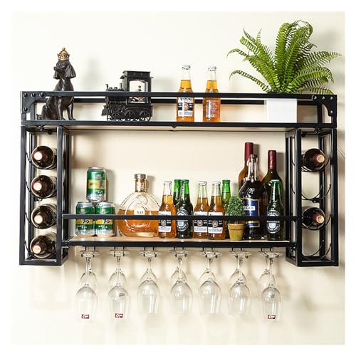 Industrielles Weinregal Wand, Weinregal Zur Wandmontage Mit LED-Leuchten, Wand Montiert Eisen Weinregale, Flaschenhalter Flaschenregal Weinglasregal, Barregal Für Wohnzimmer Keller, Schwarz(Size:80x55 von ZYYLIVR