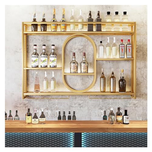 Weinregal Wand,Wand Montiert Eisen Weinregal Mit LED-Leuchten,Flaschenregal, Flaschenhalter,Weinflaschenhalter,Weinregal Metall,Weindisplay Aufbewahrungshalter Für Küche Bar Keller Zuhause(Gold,100x80 von ZYYLIVR