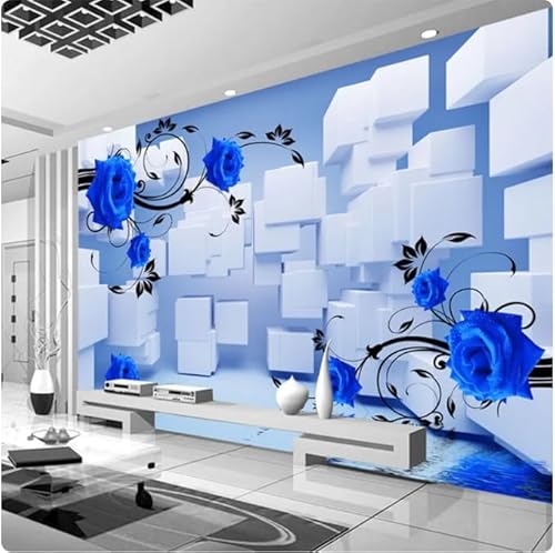 Fototapete 3D Effekt Tapete Vliestapete Relief Blau Blume Wandbild Geometrische Quadrat Räumliche Erweiterung Foto Tapete Wohnkultur 200Cm(W)*140Cm(H) von ZZBdTapete
