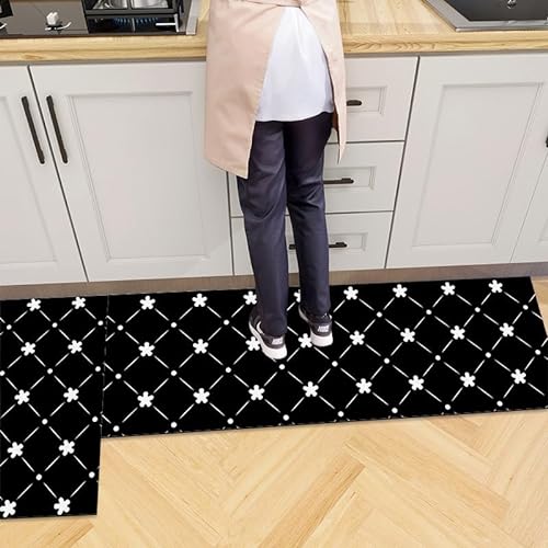 Küchenteppich 40x60 Schwarze Blumen Küchenläufer Teppich Für Küche Waschbarer rutschfest Läufer Küchenmatte Küchenfußmatten Mikrofaser Fußmatte Badematten Set von ZZDXL
