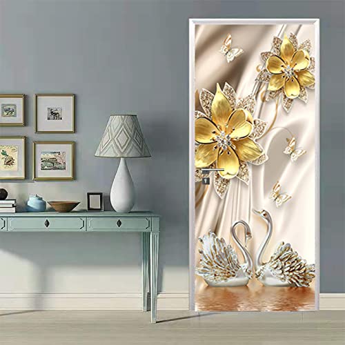 Türtapete Selbstklebend Beige Goldene Blumen Türfolie Selbstklebend 3D Türtapete Wasserdicht Abnehmbare Türaufkleber PVC Türposter Selbstklebend Wohnzimmer Tür Aufkleber(95x215cm) von ZZDXW