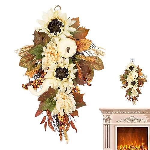 Herbstkranz für die Haustür – künstlicher Herbstkranz mit Ahornblättern, weißen Kürbissen und Sonnenblumen | Künstlicher -Thanksgiving-Türkranz für Halloween-Thanksgiving-Dekoration, 45 cm von Zankie