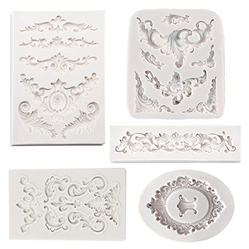 Zasvec Silikonform Barock 5 Stück Fondant Formen Silikon Relief Spitze Dekoration Gießform Barock-Stil Silikonfondant Kuchenform Klassik Motive für Cake Border Decoration Grau von Zasvec