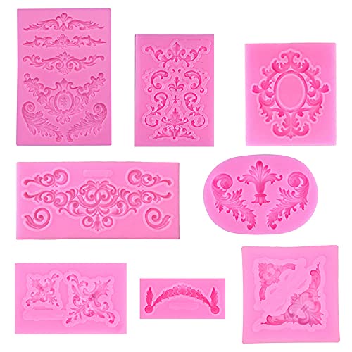 Zasvec Silikonform Barock 8 Stück Blumenrebe Form Silikonformen für Fondant Relief Spitze Dekoration Gießform Silikonfondant Kuchenform Silikonform Rahmen Pink für Decoration und Bastelprojekte von Zasvec