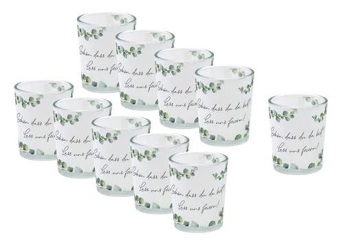 Windlichtglas mit Motiv Banderole mit Eukalyptus und Spruch 'Schön, DASS du da bist!' Set 10 Stück von ZauberDeko