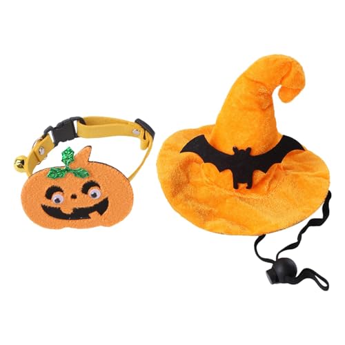 Zceplem Katzenhalsband und Hut-Set, Katzen-Halloween-Kostüm - Halloween Katzenkostüm Hexenhut Haustierzubehör,Halloween-Katzenkostüm, Fledermaus-Hund, Zaubererhut für Hunde und Katzen von Zceplem